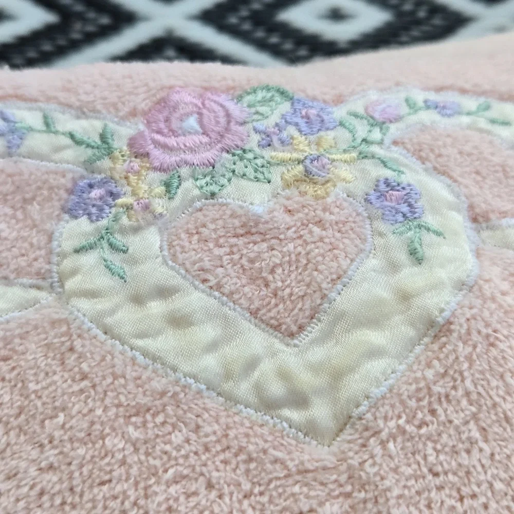 Vintage After Bath Luxury Peach 3 Pc Towel Set Floral Heart Embroidered Cotton